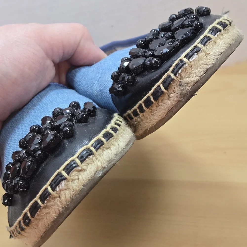 Circus by Sam Edelman Blue Espadrille Flats Black Beaded Toe Women's Size 8